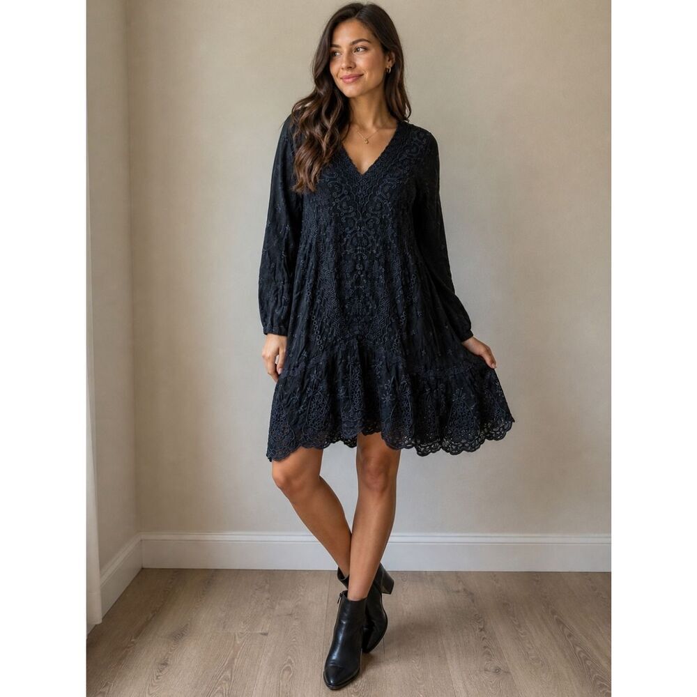 Johnny Was Black Embroidered Long Sleeve V-Neck Dress Size XS